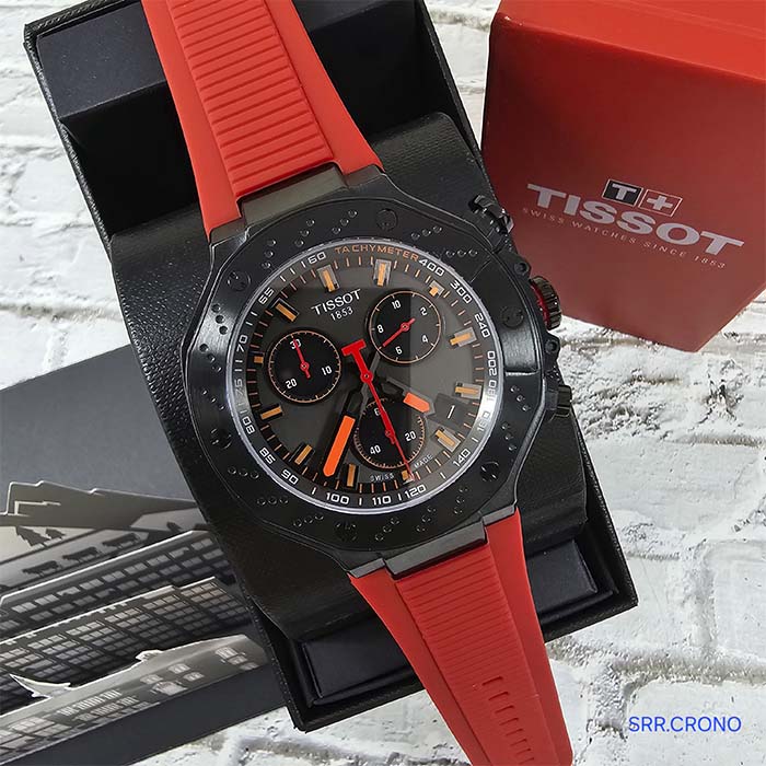 Reloj Tissot Sport Chrono Red Edition con correa roja, caja negra y funciones de cronógrafo para un estilo deportivo y funcional.